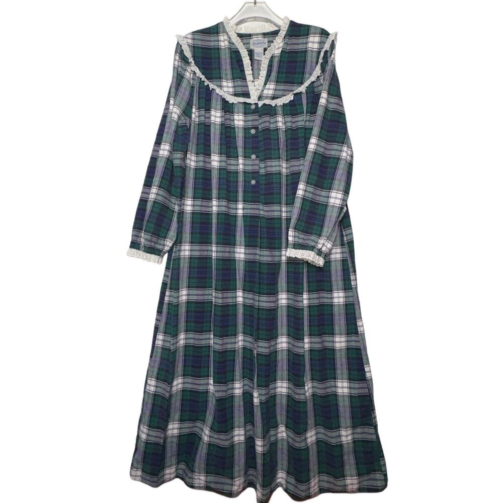 Lanz of Salzburg Flannel Nightgown Medium 100% Cotton Plaid Full Length Vintage